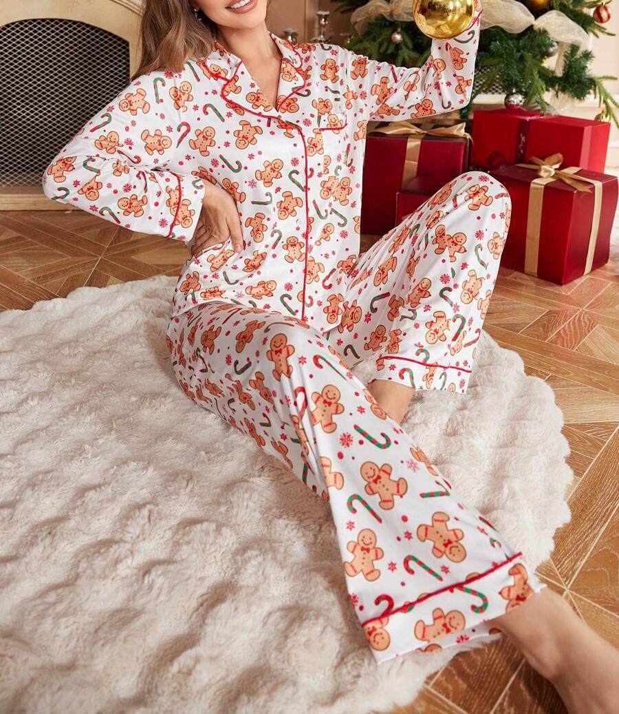 Holiday Print Button Up Pajama Set - White - 3