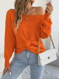 Twist Knot Off Shoulder Waffle Knit Sweater - Orange