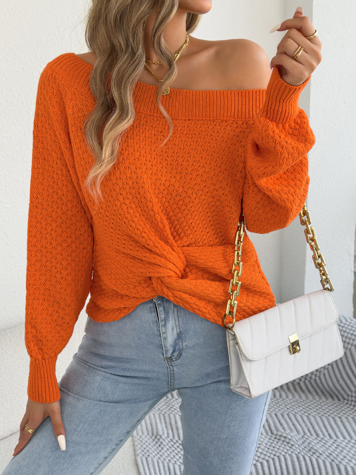 Twist Knot Off Shoulder Waffle Knit Sweater - Orange