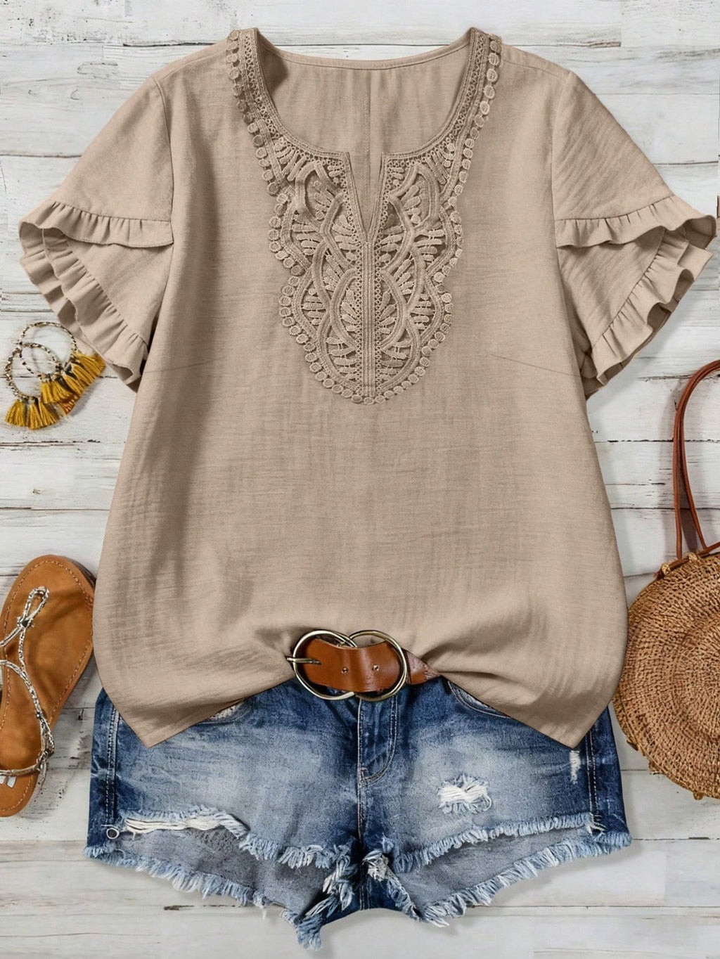 Crochet Lace V-Neck Flutter Sleeve Blouse - Apricot
