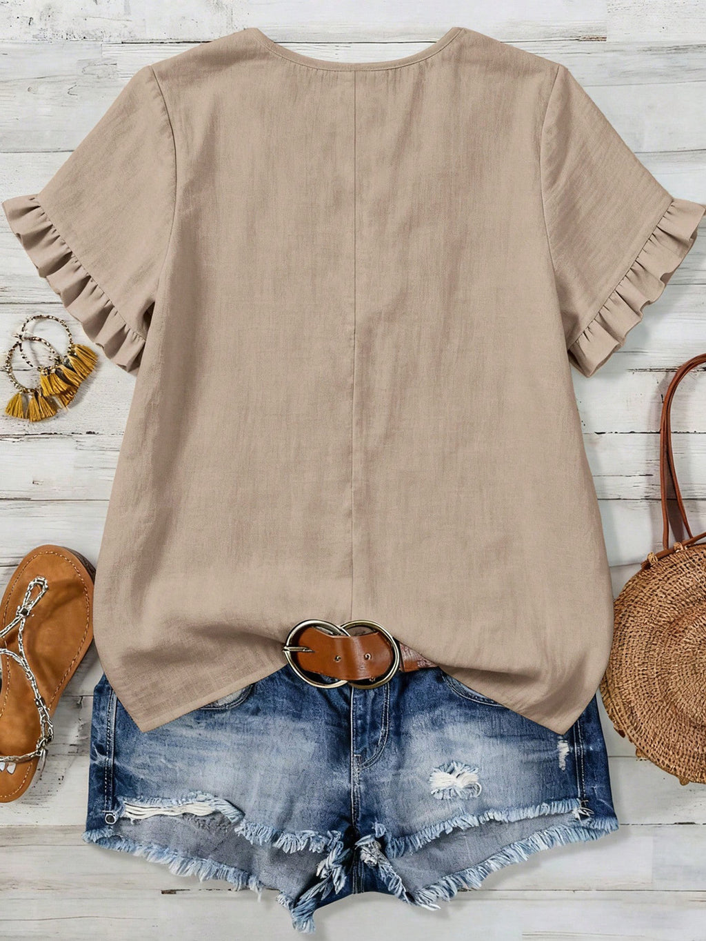 Crochet Lace V-Neck Flutter Sleeve Blouse - Apricot - 1