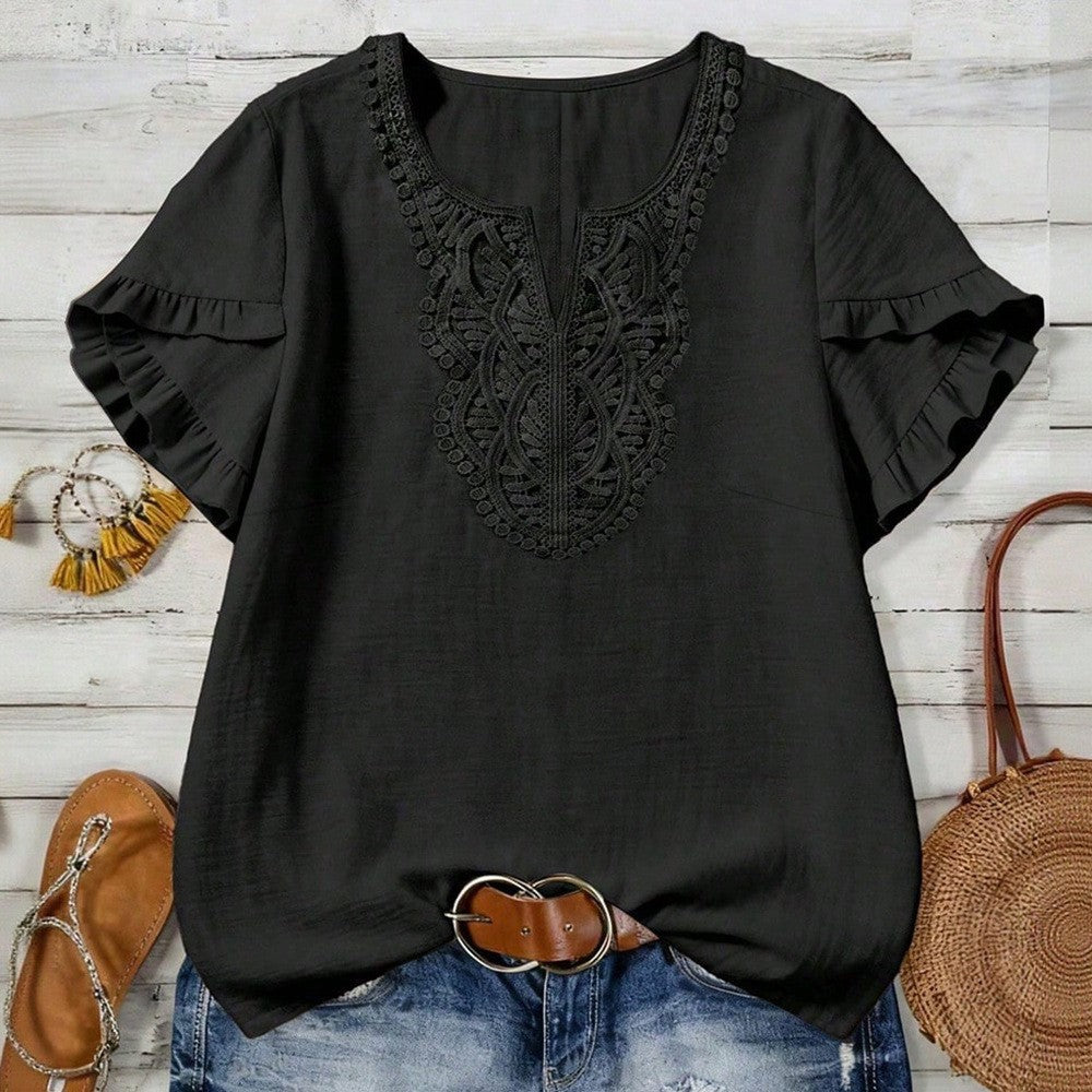 Crochet Lace V-Neck Flutter Sleeve Blouse - Black
