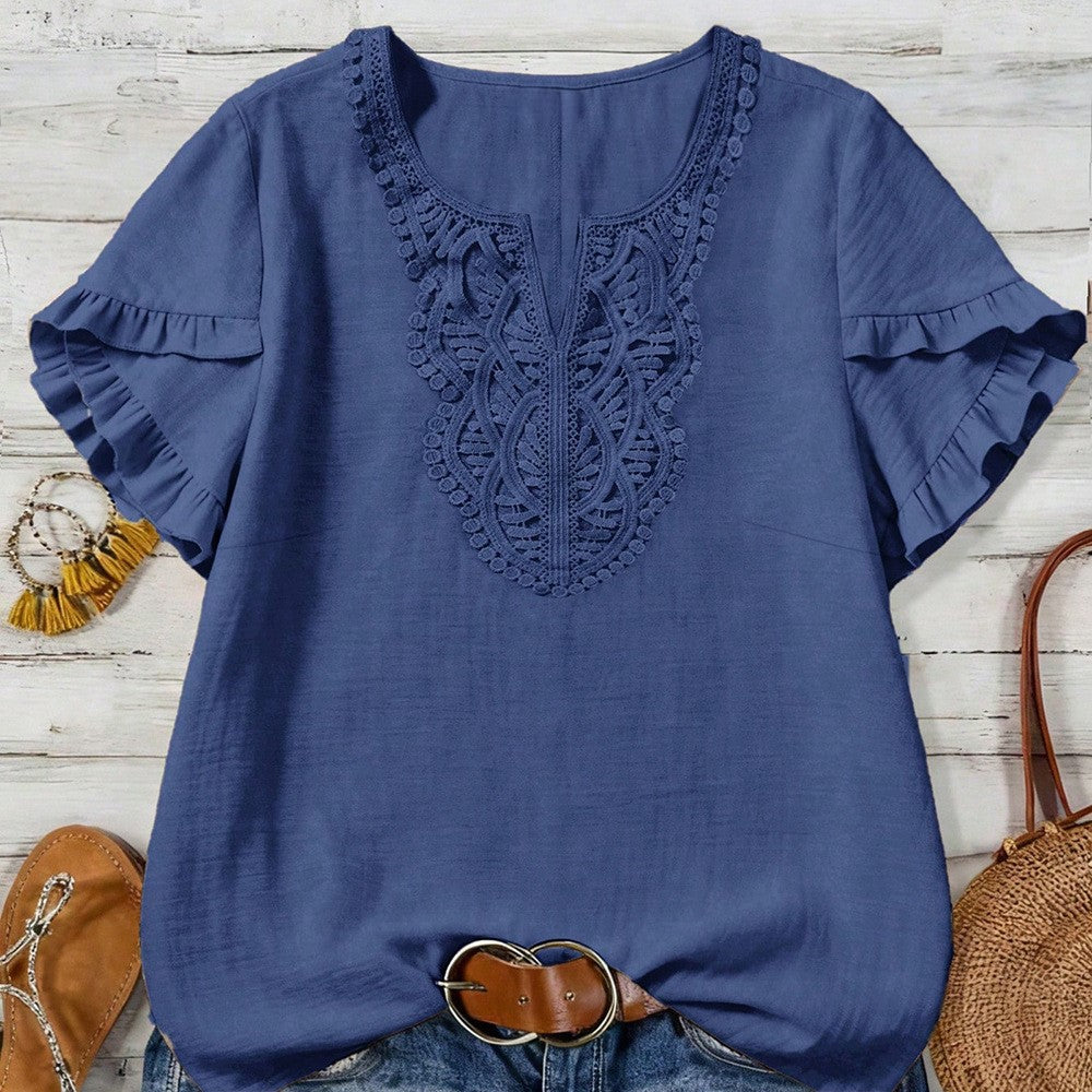 Crochet Lace V-Neck Flutter Sleeve Blouse - Blue