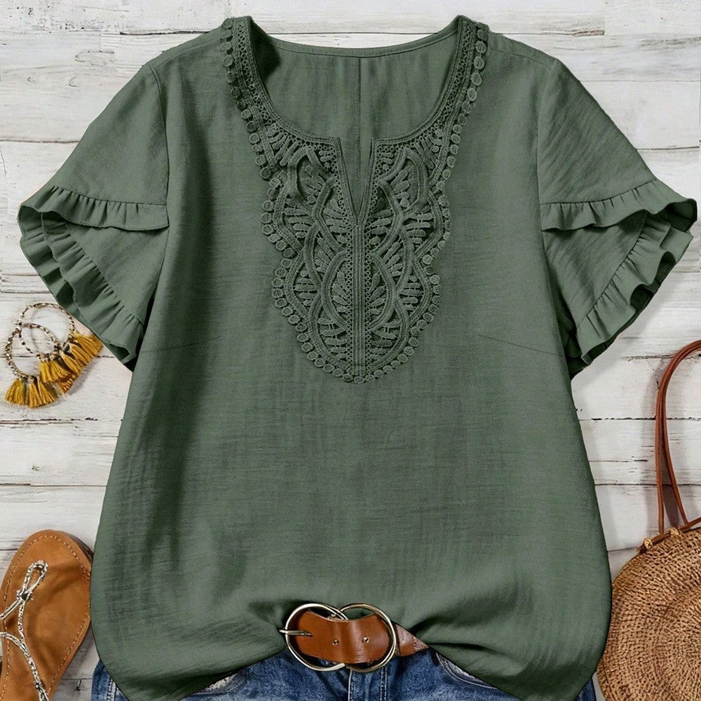 Crochet Lace V-Neck Flutter Sleeve Blouse - Green
