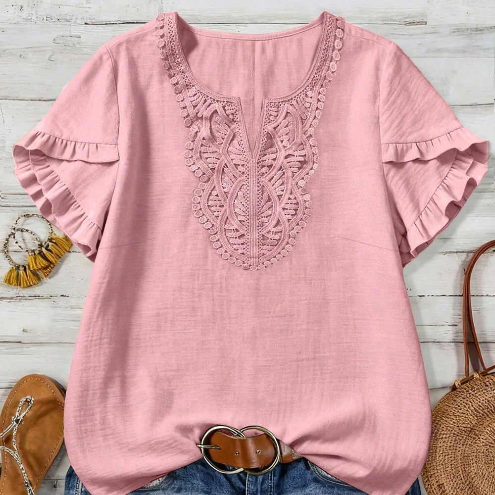 Crochet Lace V-Neck Flutter Sleeve Blouse - Pink