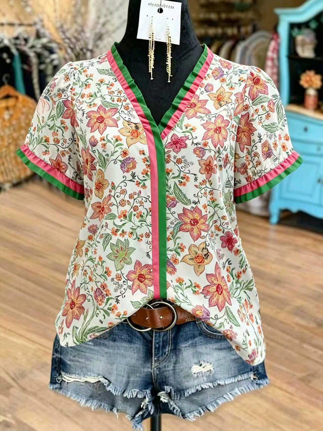 Ruffle-Trim V-Neck Blouse in Vibrant Floral Prints - Orange