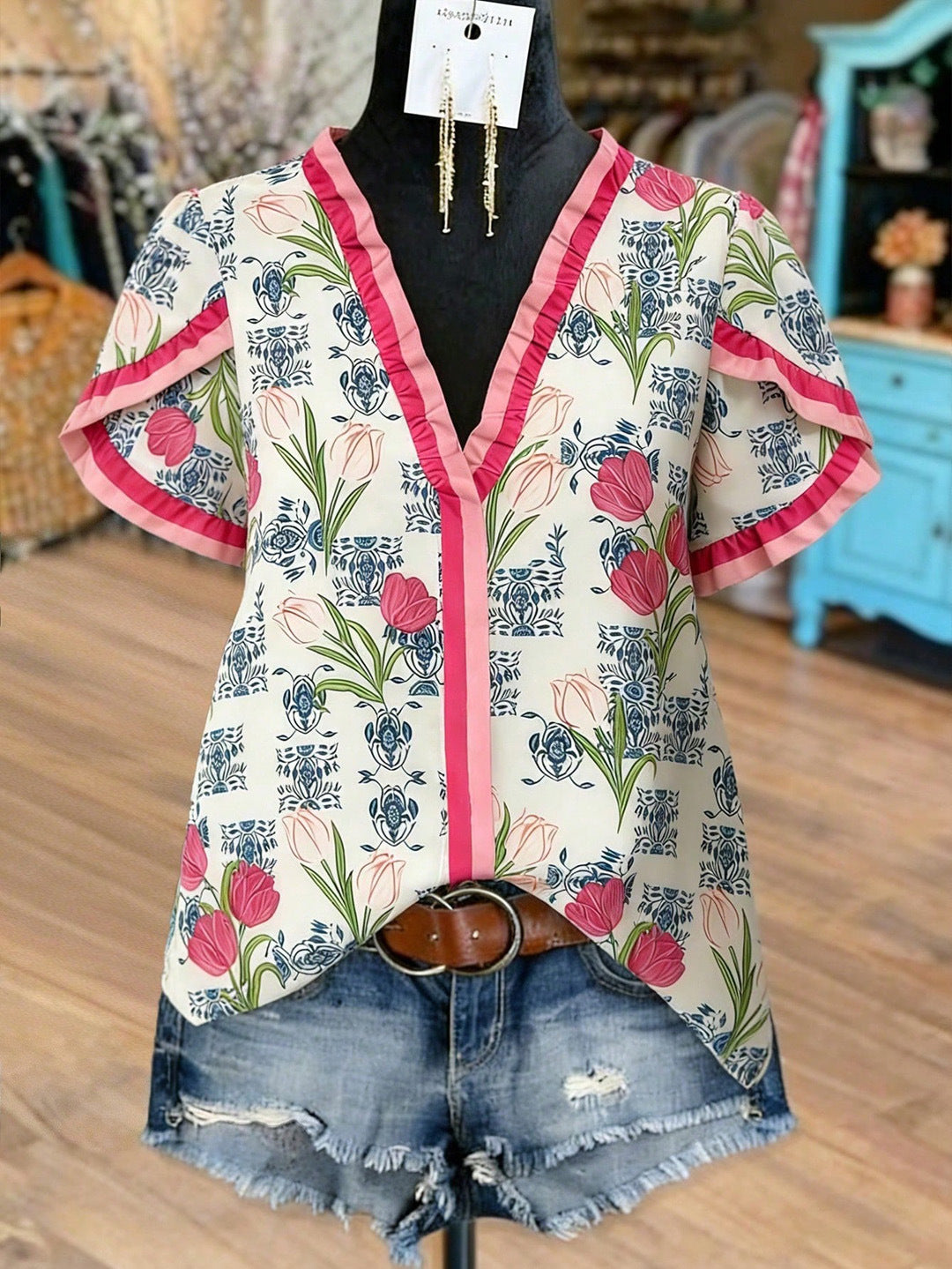 Ruffle-Trim V-Neck Blouse in Vibrant Floral Prints - Pink