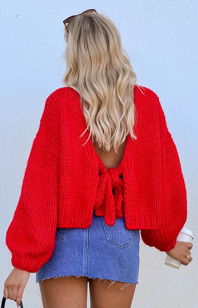 Chunky Knit Tie Front Cropped Cardigan - Red - 1