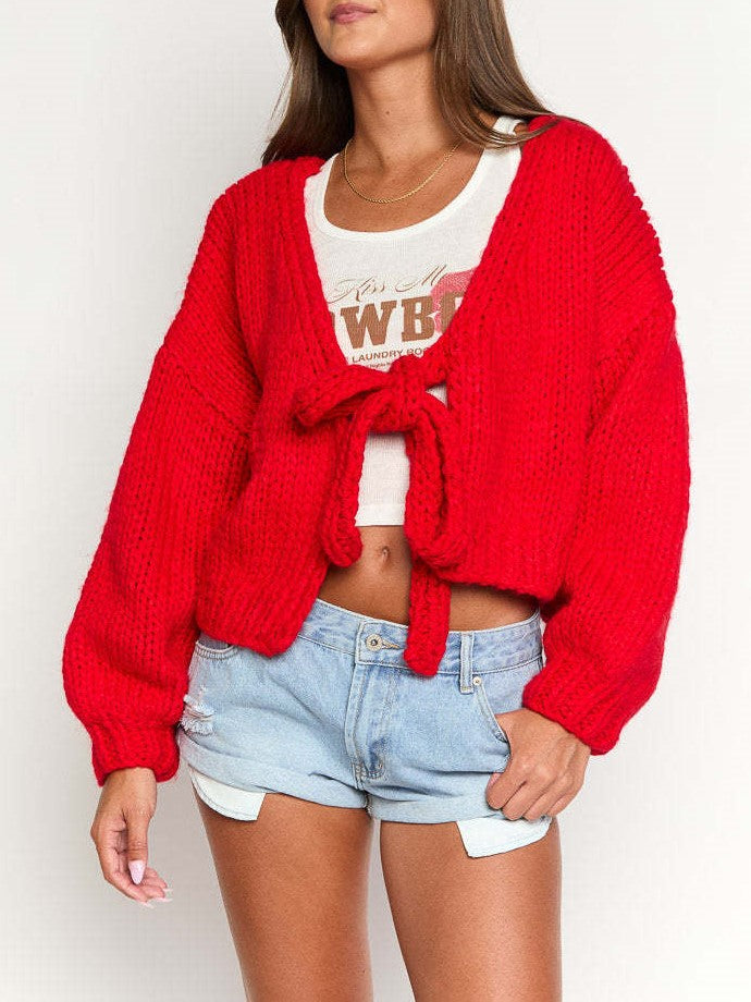 Chunky Knit Tie Front Cropped Cardigan - Red - 2