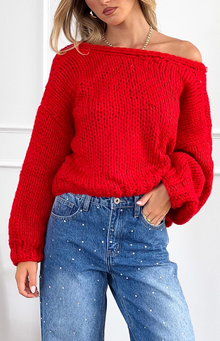 Chunky Knit Tie Front Cropped Cardigan - Red - 3