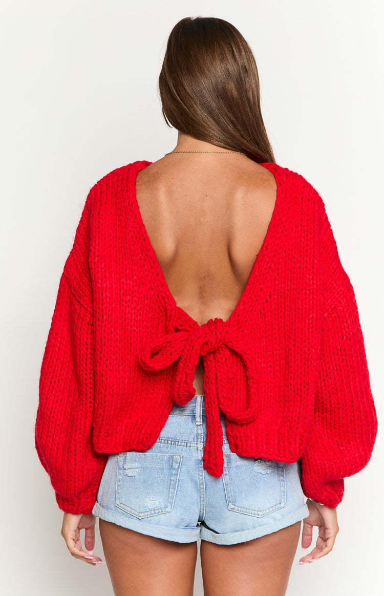 Chunky Knit Tie Front Cropped Cardigan - Red - 4