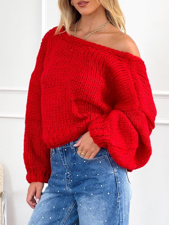 Chunky Knit Tie Front Cropped Cardigan - Red - 5