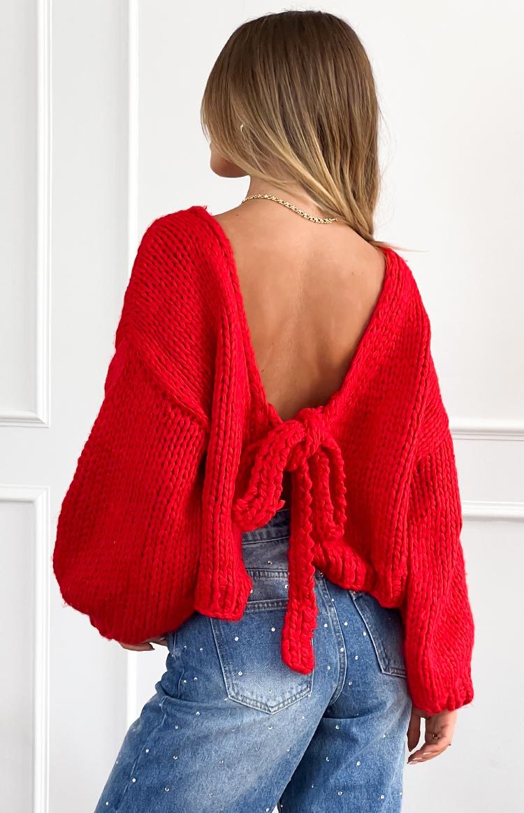 Chunky Knit Tie Front Cropped Cardigan - Red - 6
