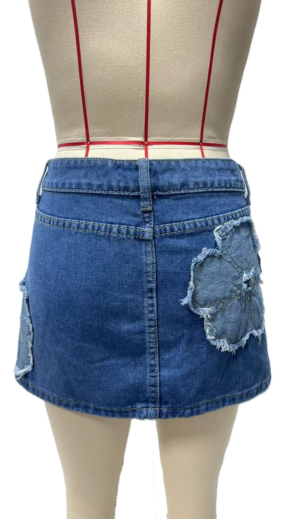 Floral Applique Low Rise Denim Mini Skirt - Blue - 1