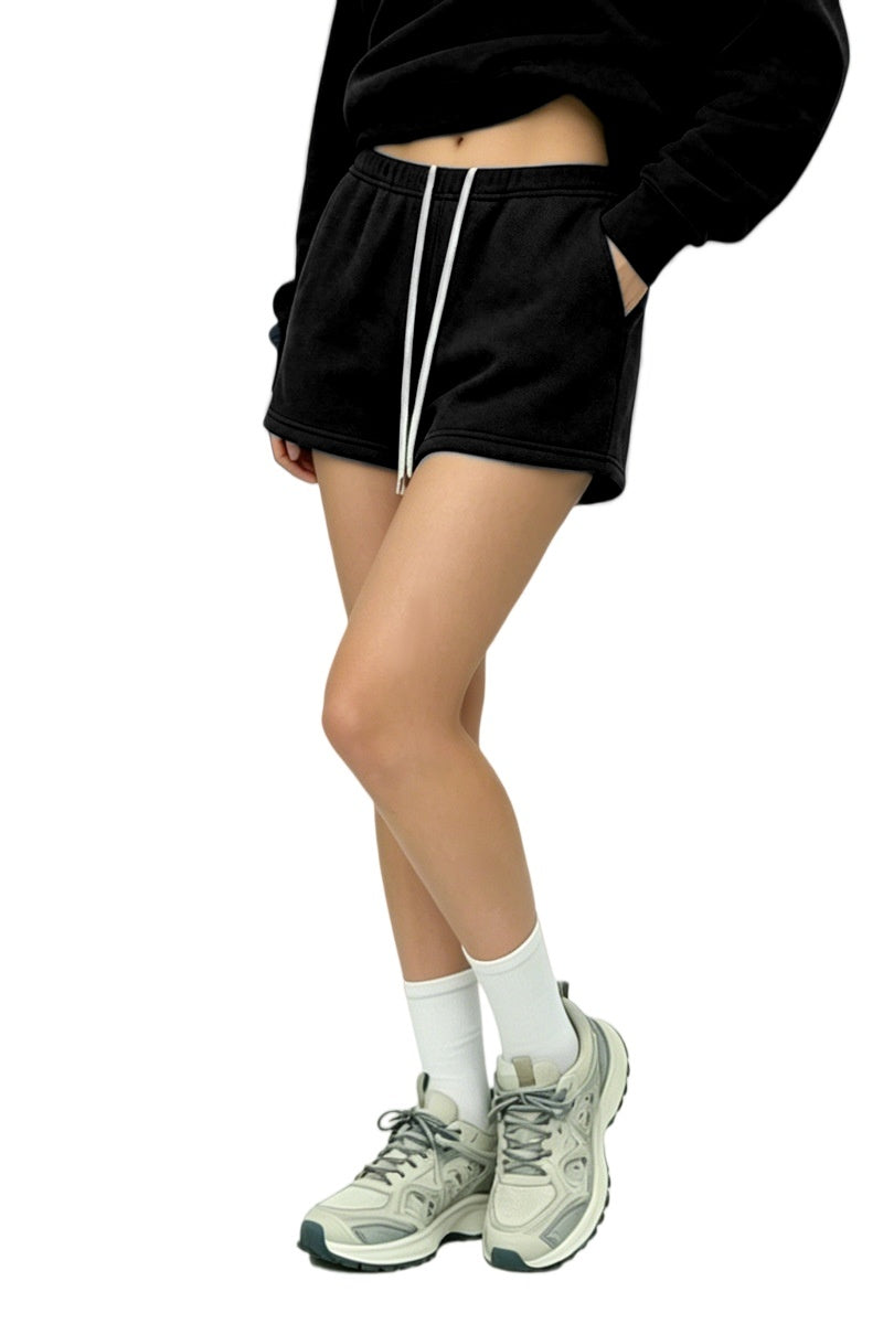 Contrast Drawstring Fleece Sweat Shorts - Black - 1