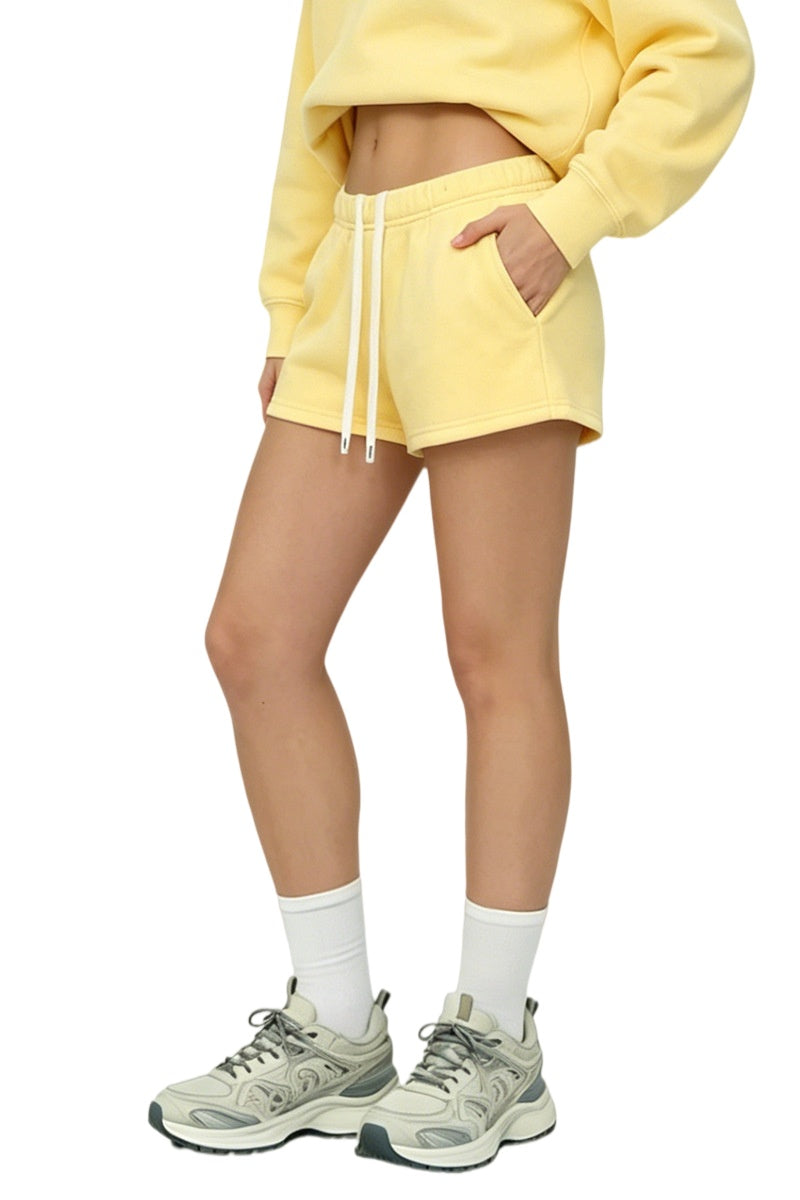 Contrast Drawstring Fleece Sweat Shorts - PaleYellow - 1