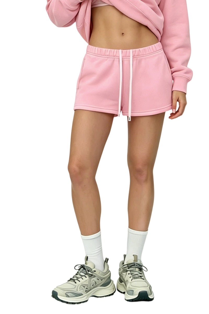 Contrast Drawstring Fleece Sweat Shorts - Pink - 1