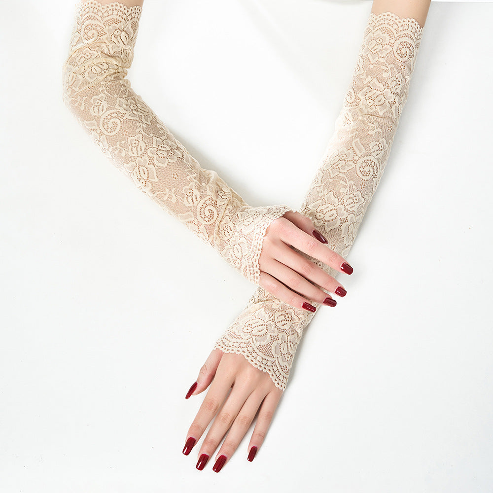 Long Lace Fingerless Sun Protection Gloves - Beige
