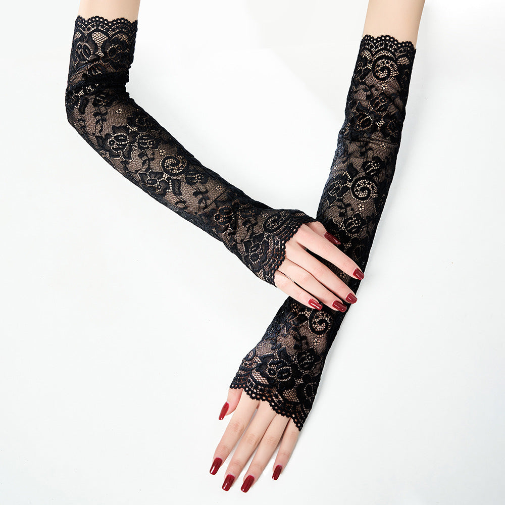 Long Lace Fingerless Sun Protection Gloves - Black