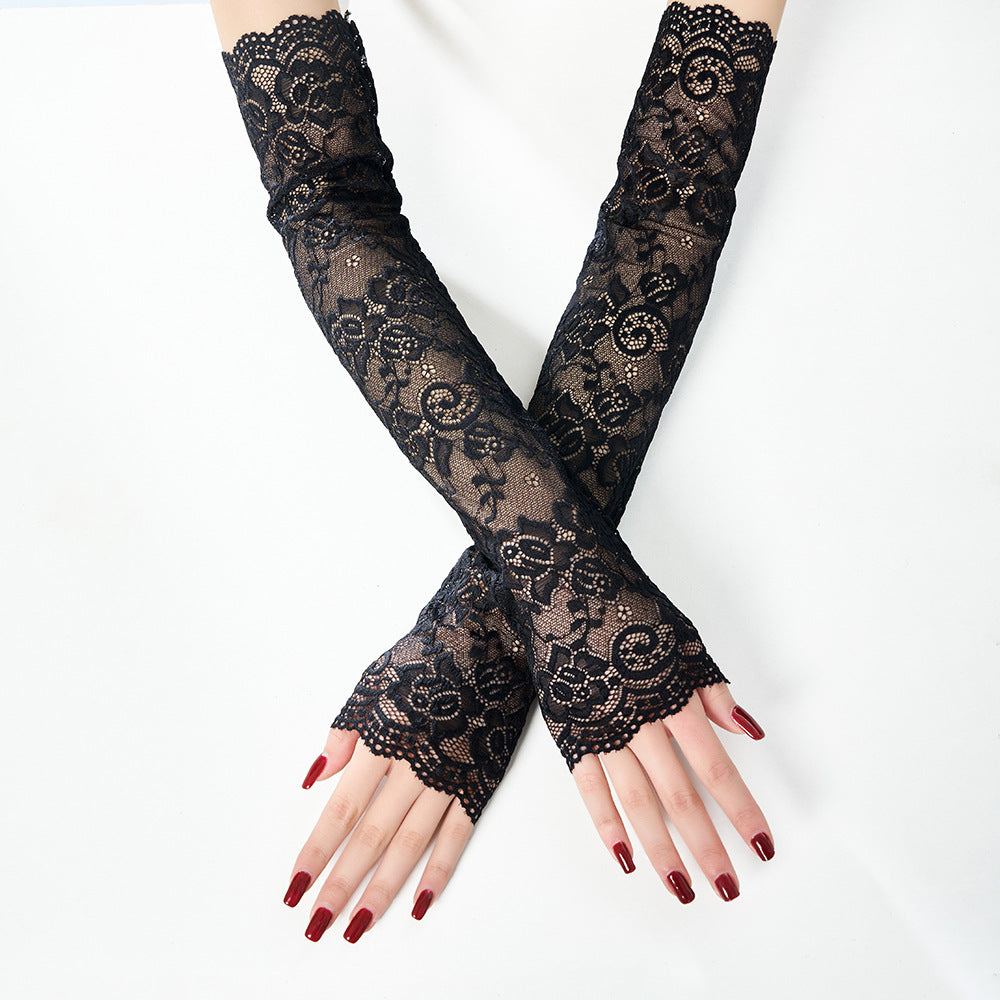 Long Lace Fingerless Sun Protection Gloves - Black - 1