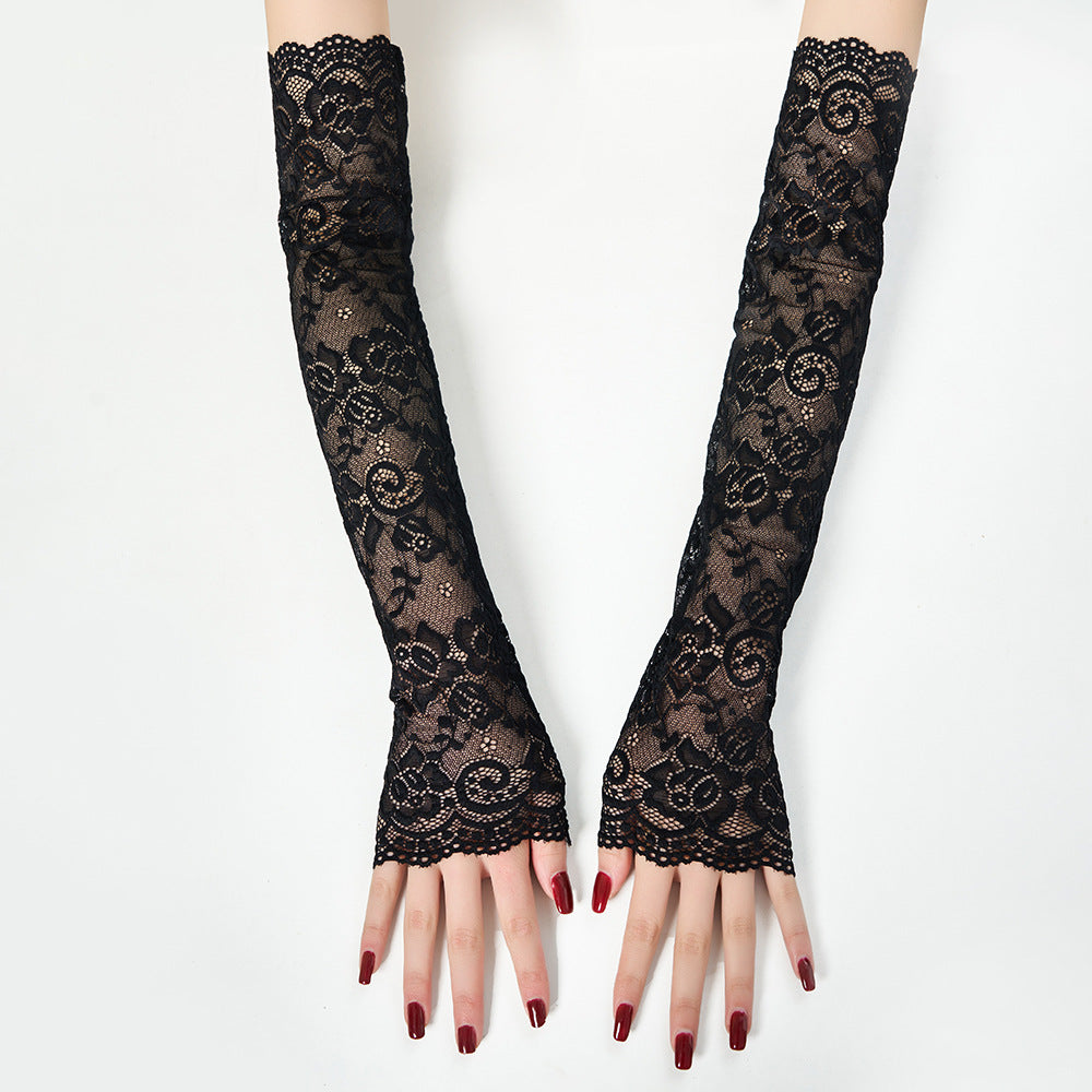 Long Lace Fingerless Sun Protection Gloves - Black - 2