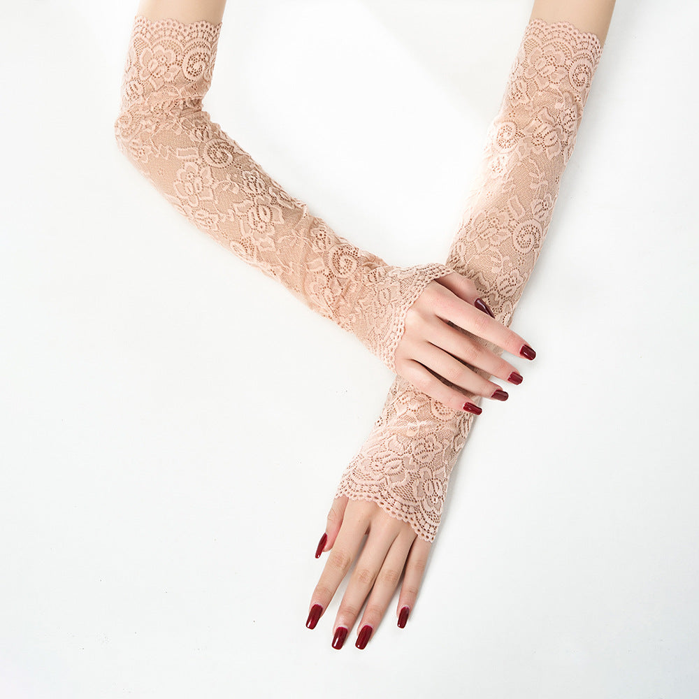 Long Lace Fingerless Sun Protection Gloves - Khaki
