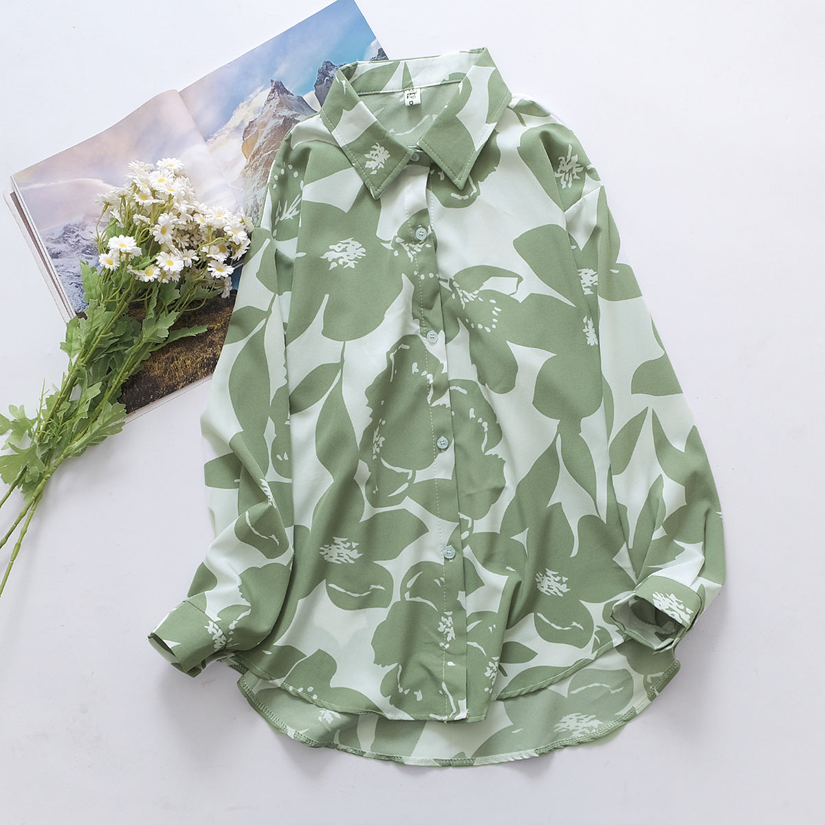 Leafy Silhouette Print Relaxed Button Shirt - Pistachio - 2