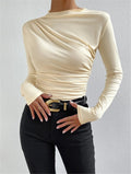 Ruched Shoulder High Neck Slim Top - Beige