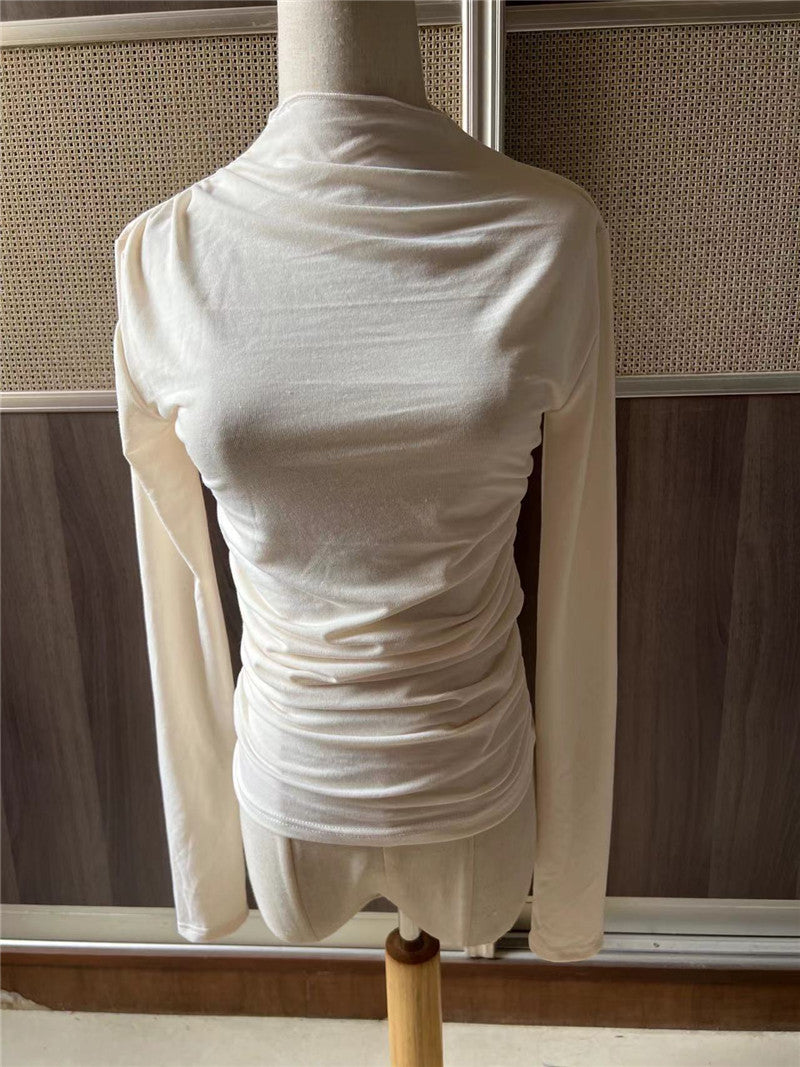 Ruched Shoulder High Neck Slim Top - Beige - 6