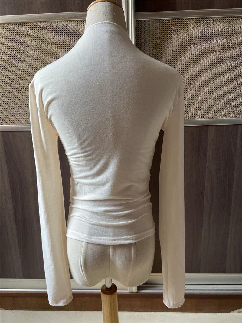 Ruched Shoulder High Neck Slim Top - Beige - 7