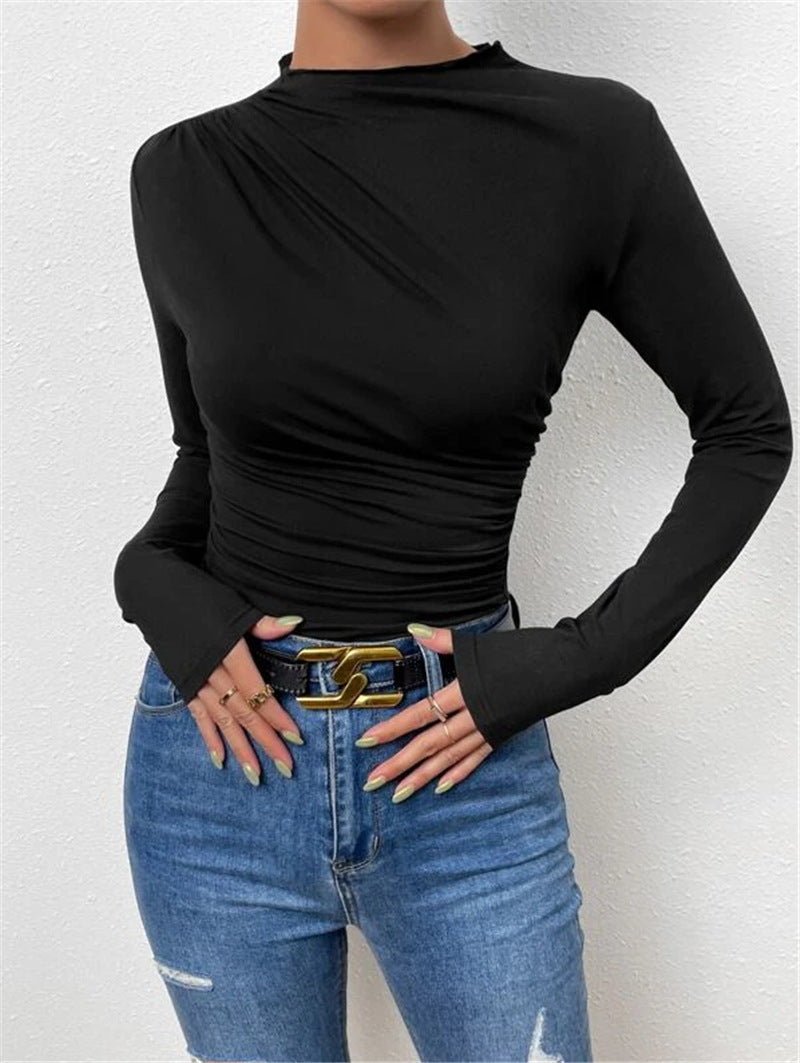 Ruched Shoulder High Neck Slim Top - Black