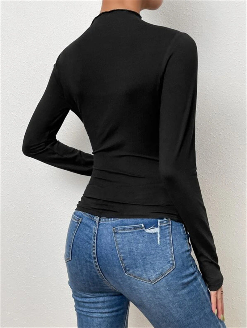 Ruched Shoulder High Neck Slim Top - Black - 1
