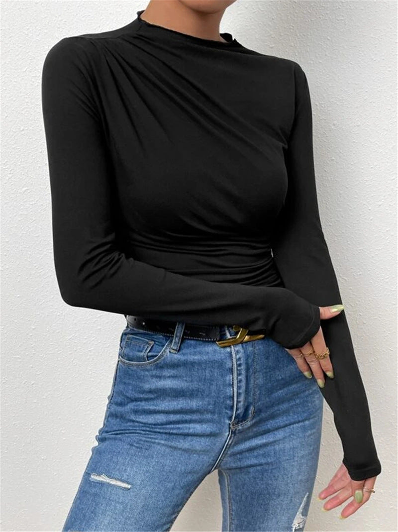 Ruched Shoulder High Neck Slim Top - Black - 5
