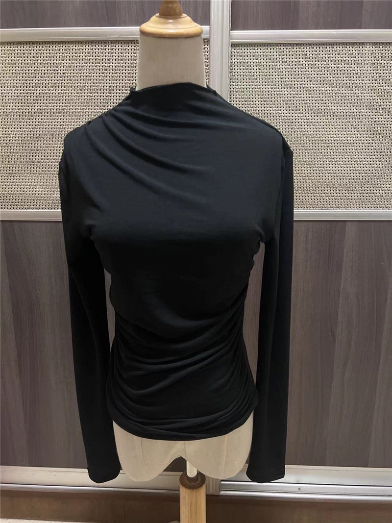 Ruched Shoulder High Neck Slim Top - Black - 6