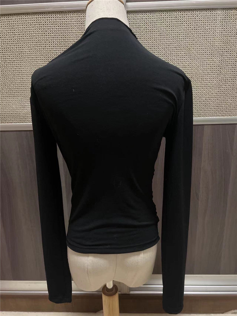 Ruched Shoulder High Neck Slim Top - Black - 7