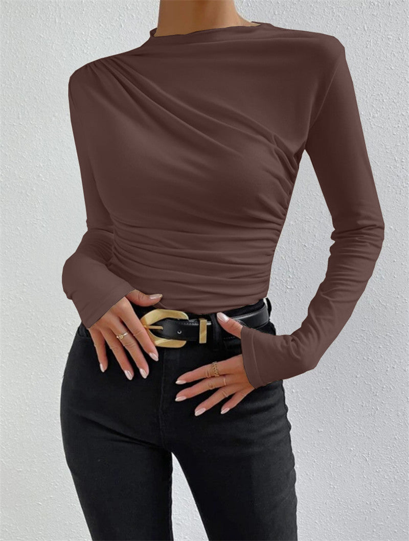 Ruched Shoulder High Neck Slim Top - Brown - 1