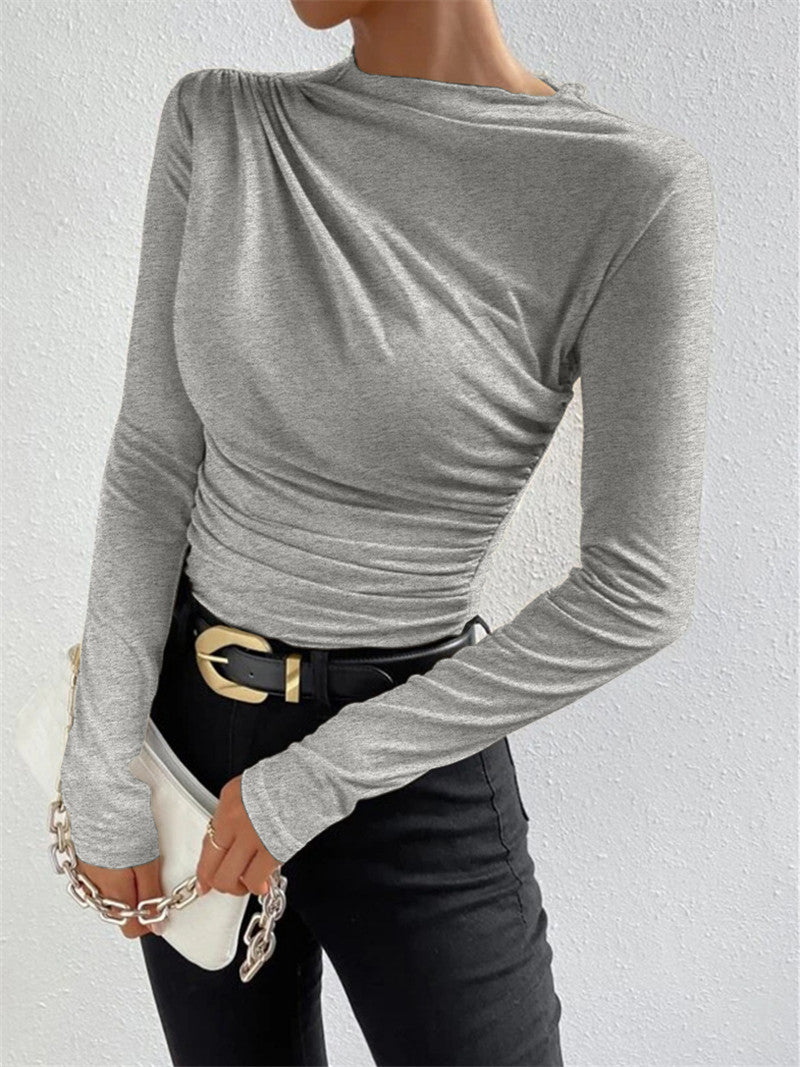 Ruched Shoulder High Neck Slim Top - Grey - 1