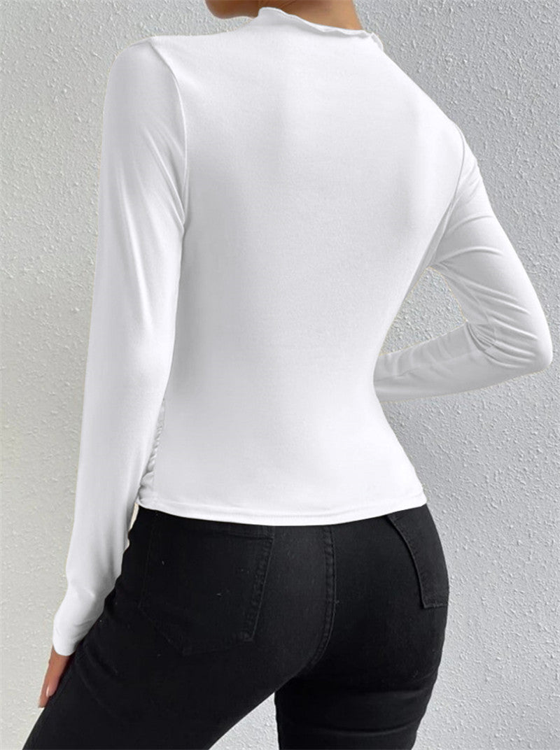 Ruched Shoulder High Neck Slim Top - White - 2