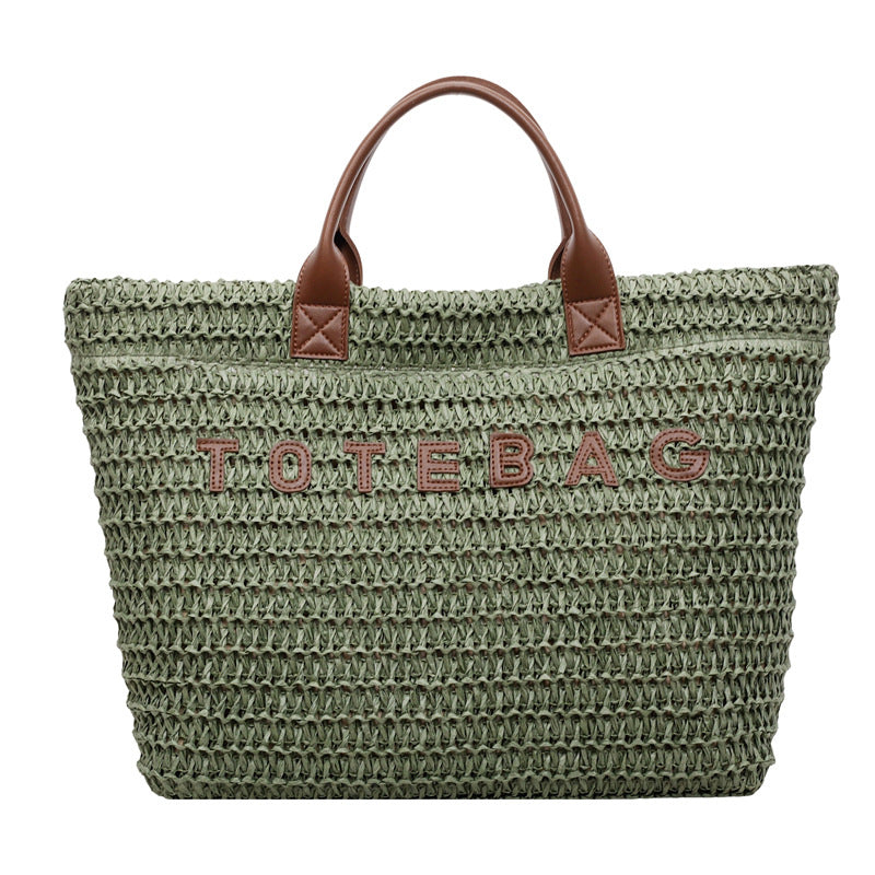 Boho Woven Straw Beach Tote with Leather Top Handles - Green