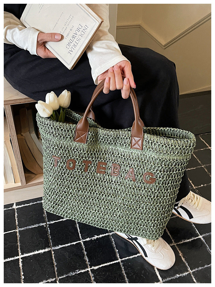 Boho Woven Straw Beach Tote with Leather Top Handles - Green - 2