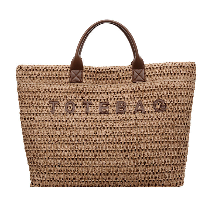 Boho Woven Straw Beach Tote with Leather Top Handles - Khaki - 2