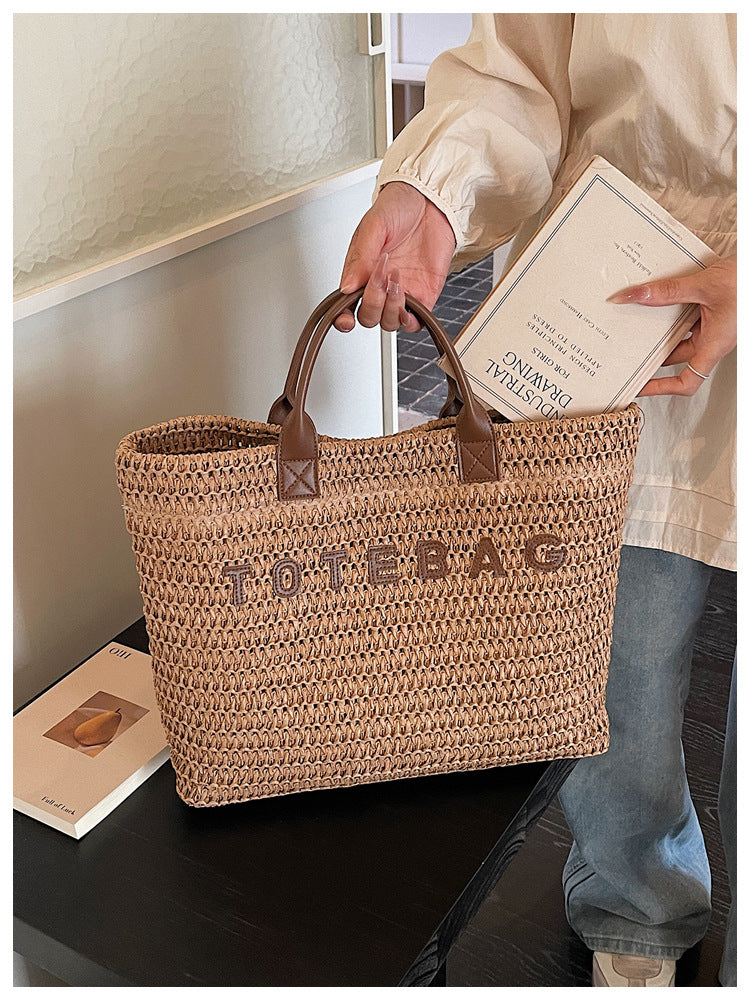 Boho Woven Straw Beach Tote with Leather Top Handles - Khaki