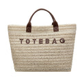 Boho Woven Straw Beach Tote with Leather Top Handles - Off White