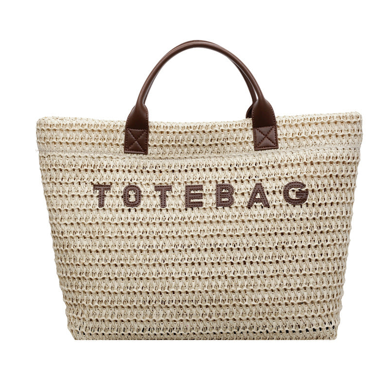 Boho Woven Straw Beach Tote with Leather Top Handles - Off White