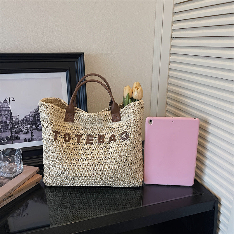Boho Woven Straw Beach Tote with Leather Top Handles - Off White - 3