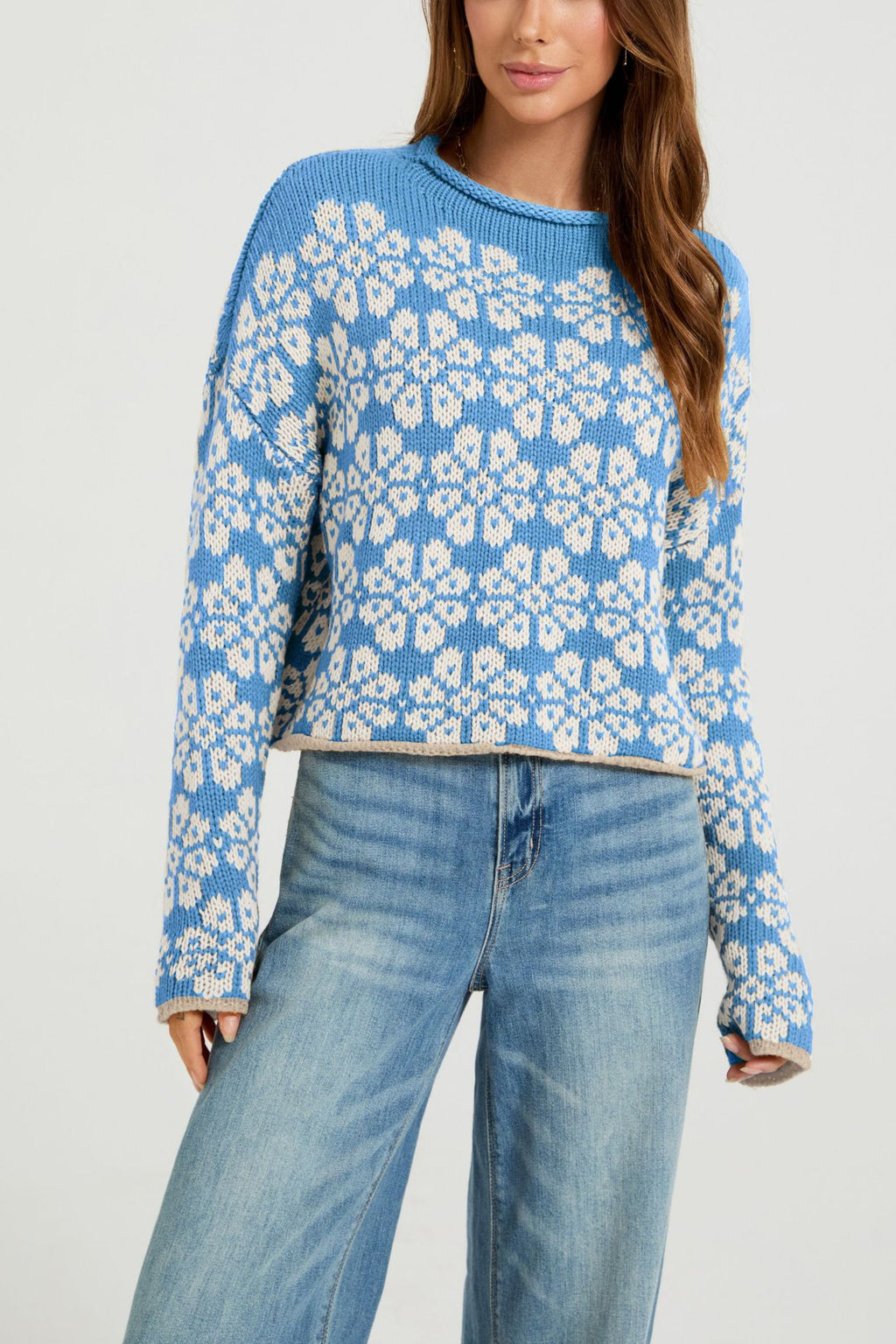 Retro Daisy Jacquard Cropped Pullover - Blue