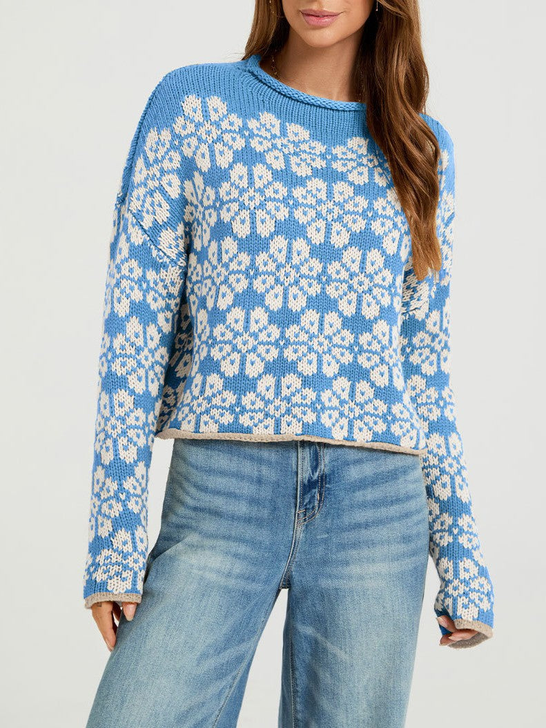 Retro Daisy Jacquard Cropped Pullover - Blue - 1