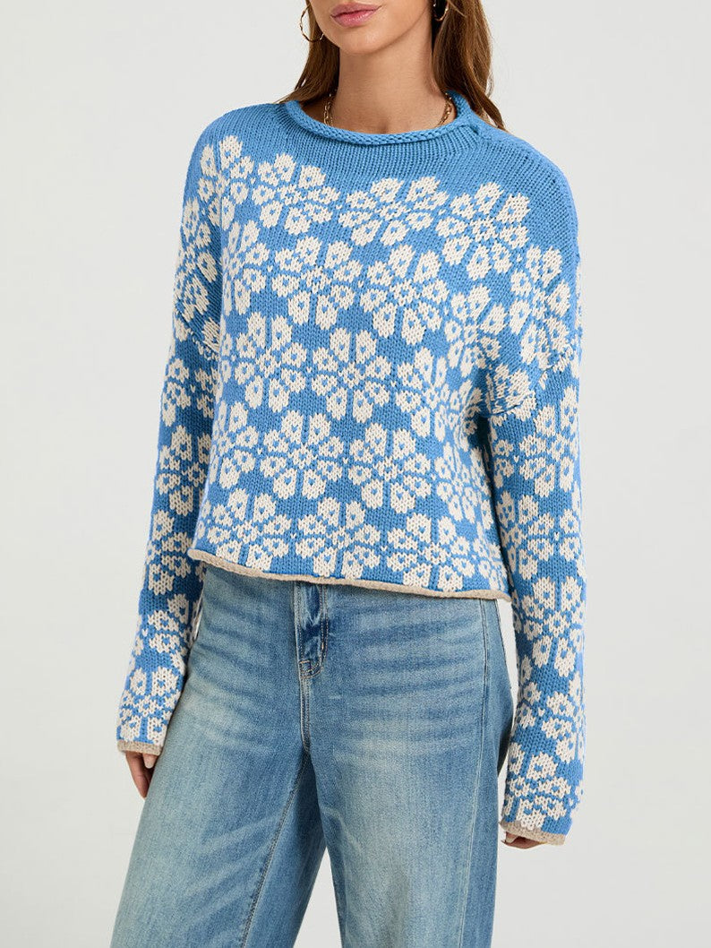 Retro Daisy Jacquard Cropped Pullover - Blue - 2