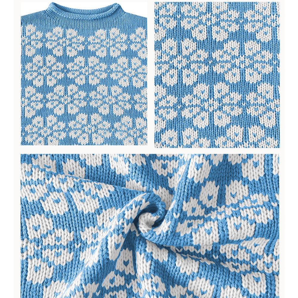 Retro Daisy Jacquard Cropped Pullover - Blue - 3