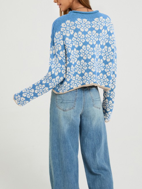 Retro Daisy Jacquard Cropped Pullover - Blue - 4